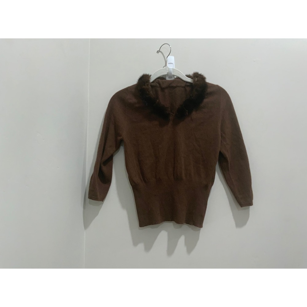 TSE Brown 100% Cashmere Mink Fur Trim V-Neck Sweater 3/4 Sleeve Small